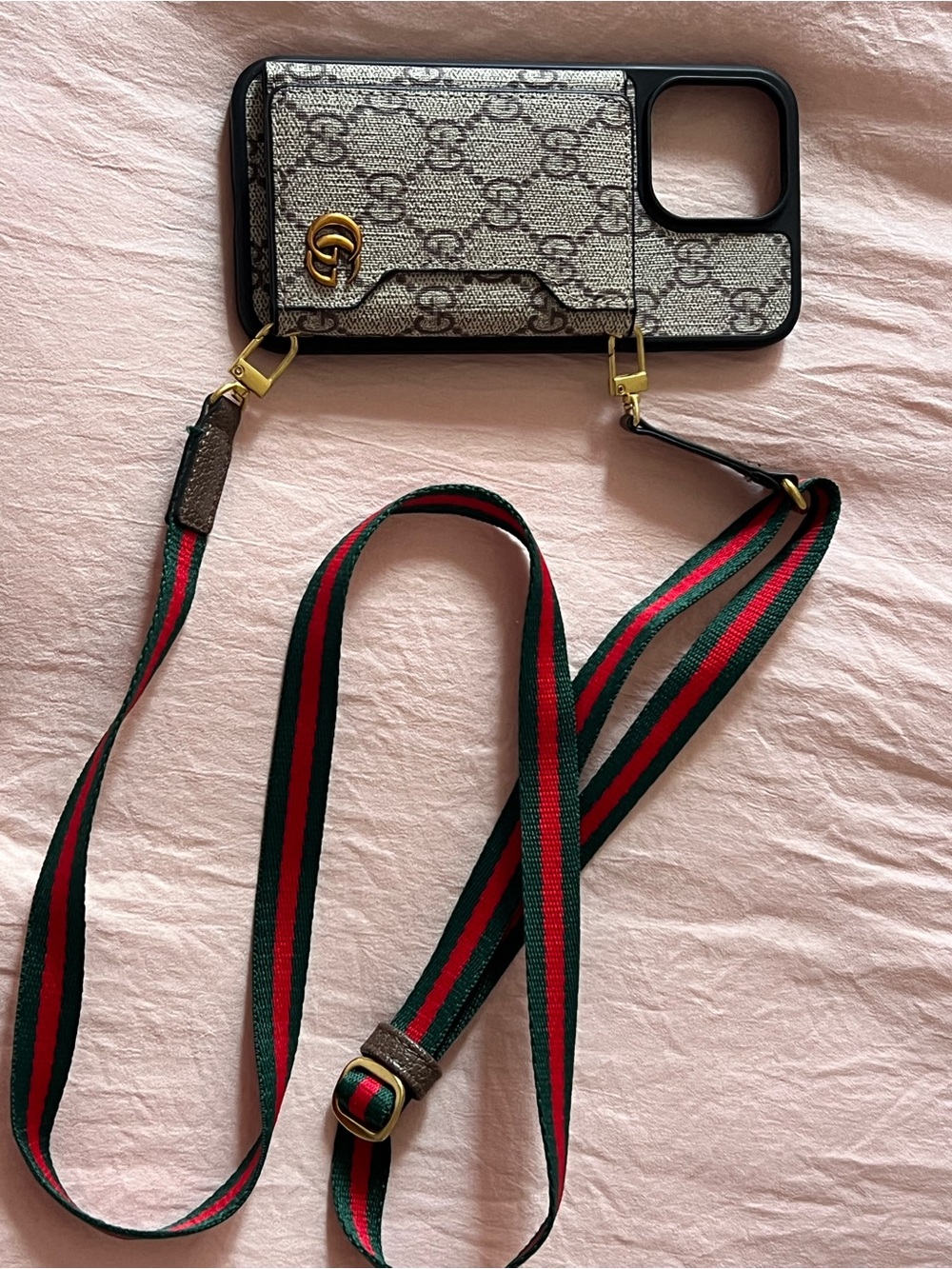 Gucci like Beige Monogram Phone Case with Signature Green and Red Web Strap for